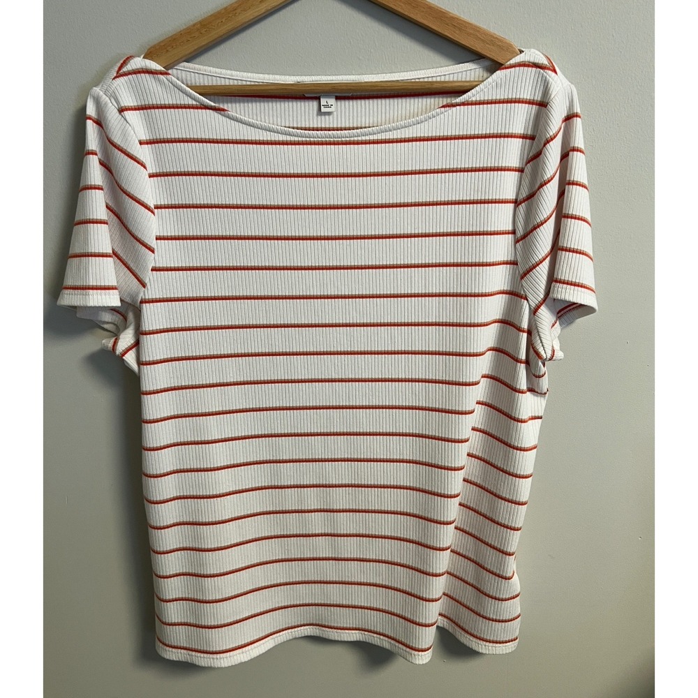 Liverpool Los Angeles Striped Boat Neck Top Womens L White Red Short Sleeve
